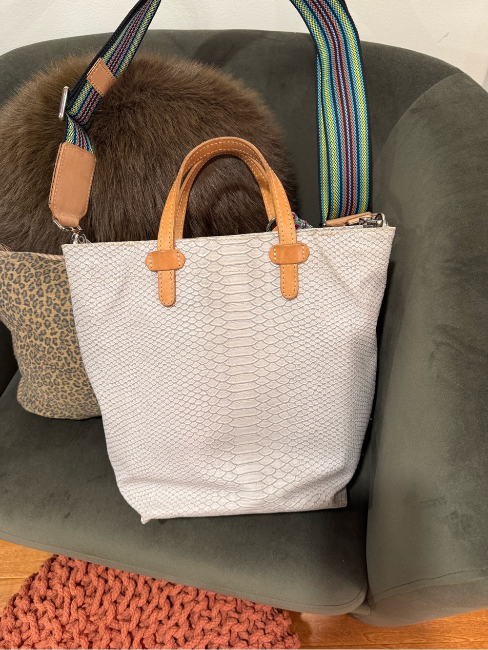Consuela White Textured Tote with Tan Handles and Multicolor Strap - Picture 9 of 14